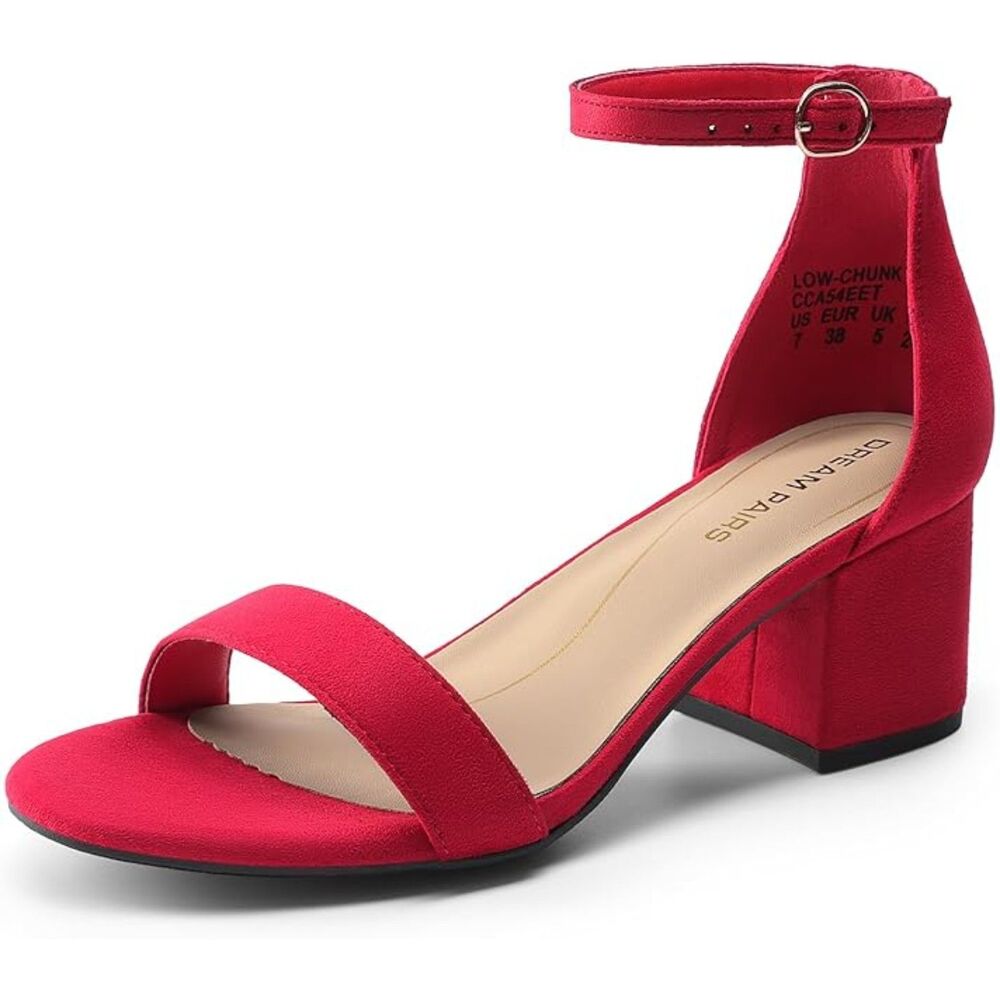 Dream Pairs Red Velvet Suede Strappy Low Chunk Heel Pump Sandal Womens 9.5 NEW